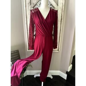 NY Collection Women's Long Sleeve Lace Surplice Elastic Waist Jumpsuit in Wine